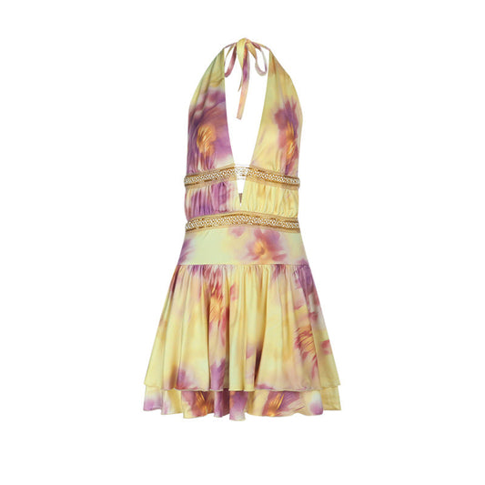 Halter self tie print deep v neck mini dress  | Festival Outfits Women