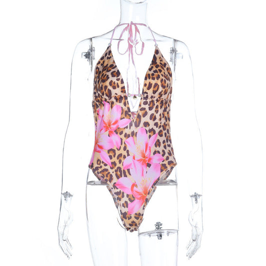Leopard print v neck self tie halter button bodysuit  | Festival Outfits Women