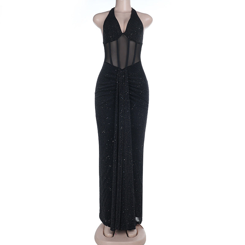 Ruched v neck halter self tie backless maxi dress  | Festival Outfits Women