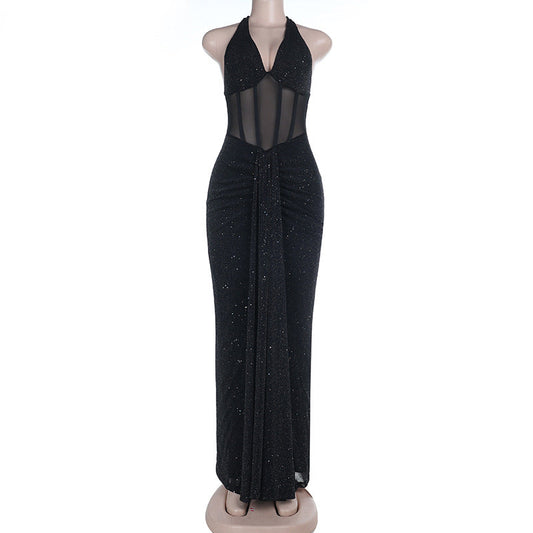 Ruched v neck halter self tie backless maxi dress  | Festival Outfits Women