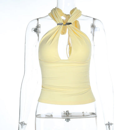 Hollow out self tie halter backless solid cut out top  | Festival Outfits Women