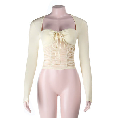 Long sleeve ruched self tie mesh solid top  | Festival Outfits Women