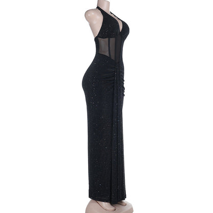 Ruched v neck halter self tie backless maxi dress  | Festival Outfits Women