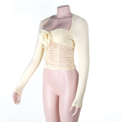 Long sleeve ruched self tie mesh solid top  | Festival Outfits Women