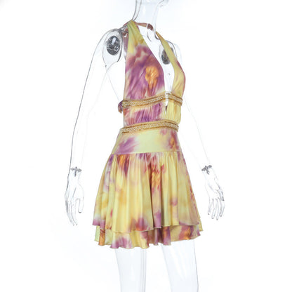 Halter self tie print deep v neck mini dress  | Festival Outfits Women