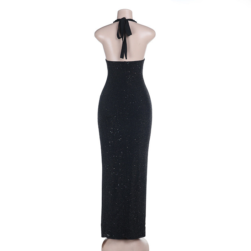 Ruched v neck halter self tie backless maxi dress  | Festival Outfits Women