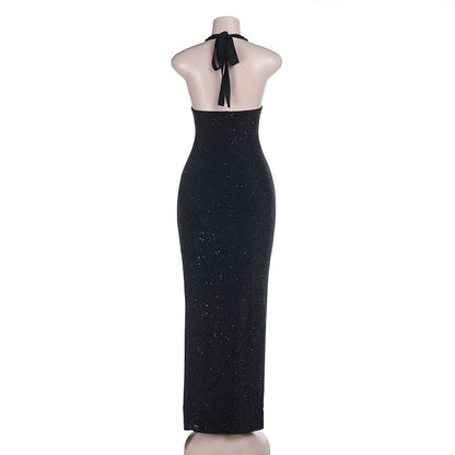 Ruched v neck halter self tie backless maxi dress  | Festival Outfits Women