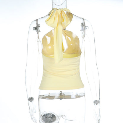 Hollow out self tie halter backless solid cut out top  | Festival Outfits Women