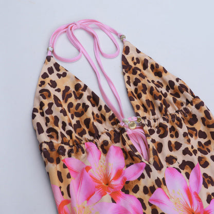 Leopard print v neck self tie halter button bodysuit  | Festival Outfits Women