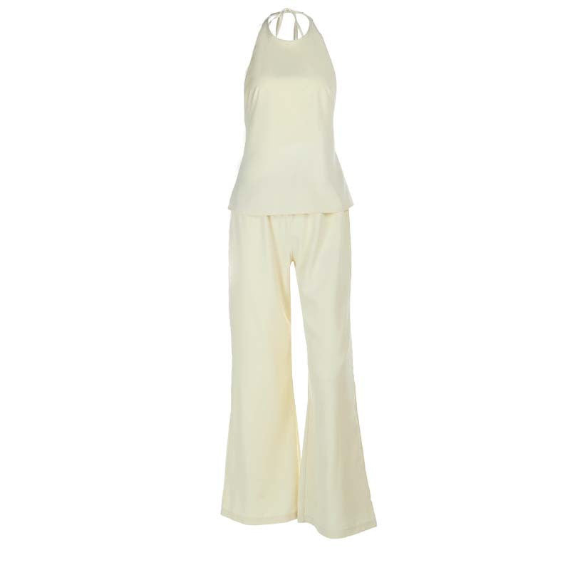 Crewneck self tie halter backless solid pant set  | Festival Outfits Women