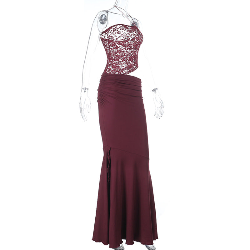 Irregular lace hollow out ruched halter cut out maxi dress  | Festival Outfits Women