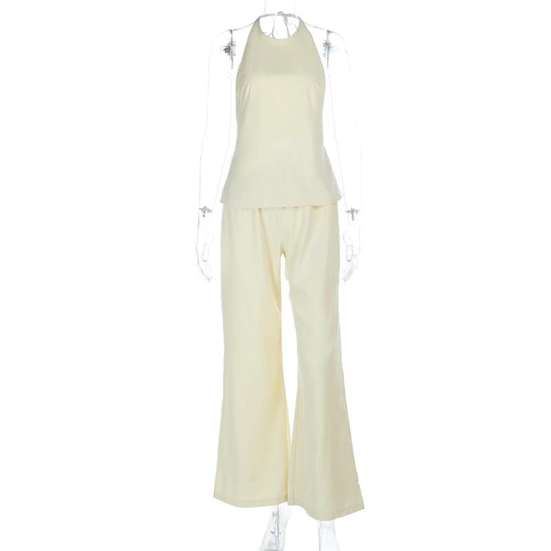 Crewneck self tie halter backless solid pant set  | Festival Outfits Women