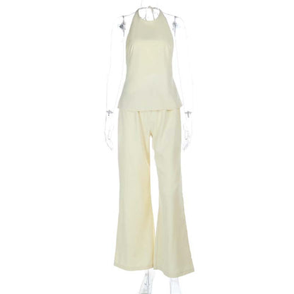 Crewneck self tie halter backless solid pant set  | Festival Outfits Women