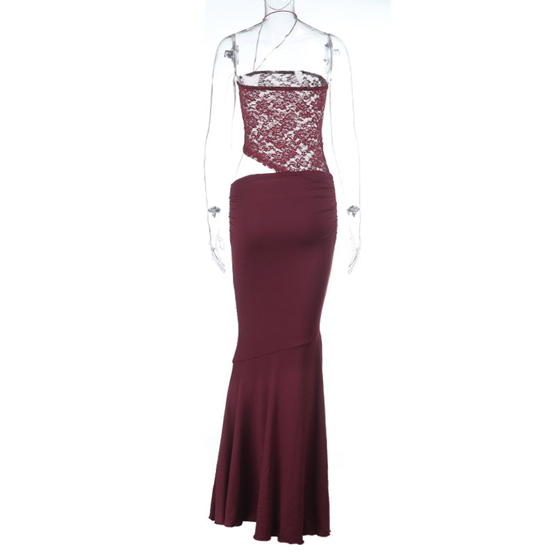 Irregular lace hollow out ruched halter cut out maxi dress  | Festival Outfits Women