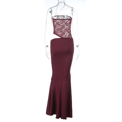 Irregular lace hollow out ruched halter cut out maxi dress  | Festival Outfits Women