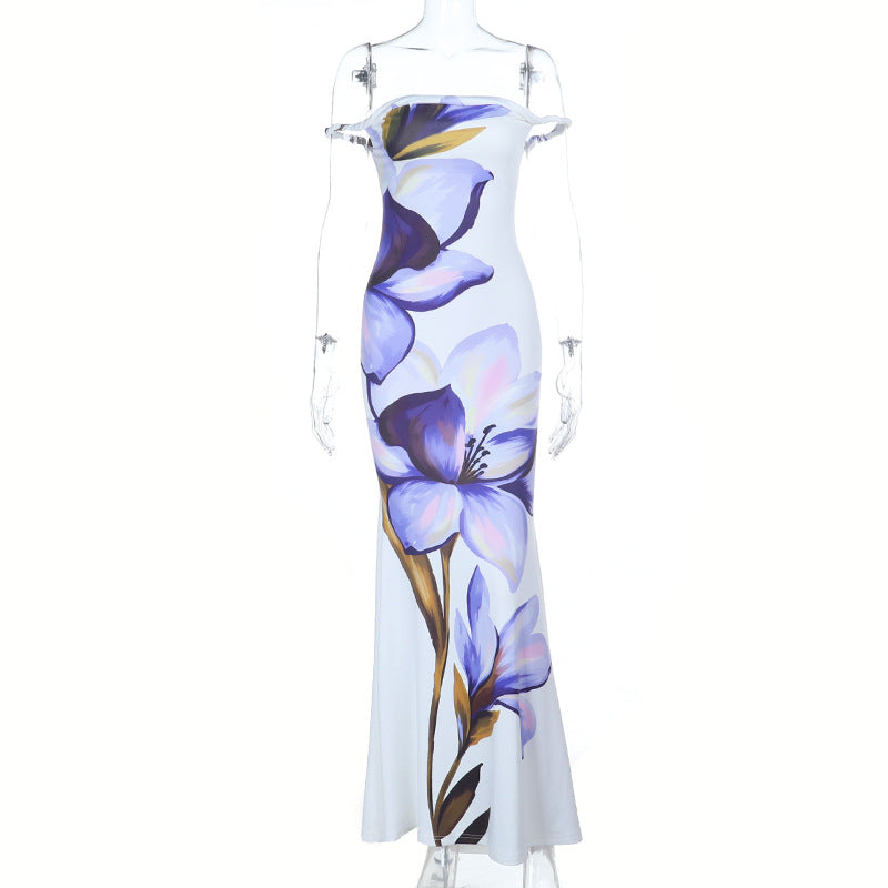 Off shoulder flower print backless tube maxi dress  | Festival Outfits Women