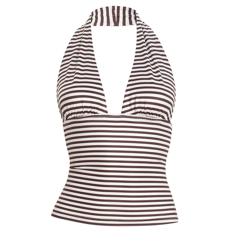 Halter self tie striped print backless v neck top  | Festival Outfits Women