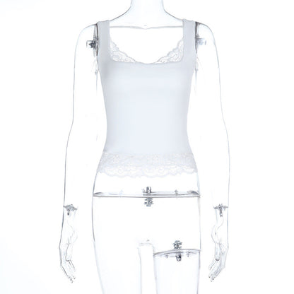 Lace hem v neck backless solid tank top  | Festival Outfits Women
