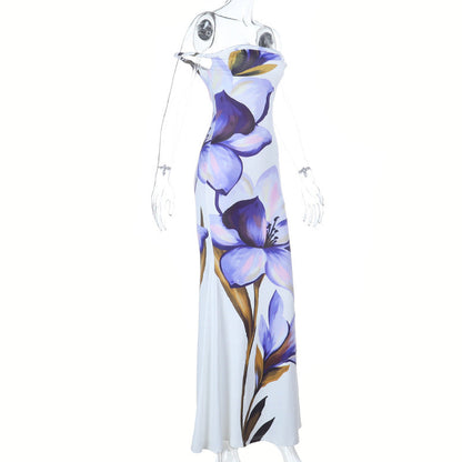 Off shoulder flower print backless tube maxi dress  | Festival Outfits Women