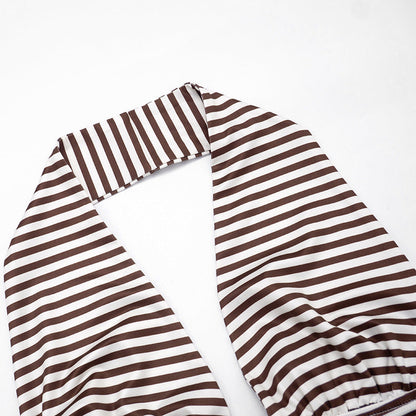 Halter self tie striped print backless v neck top  | Festival Outfits Women