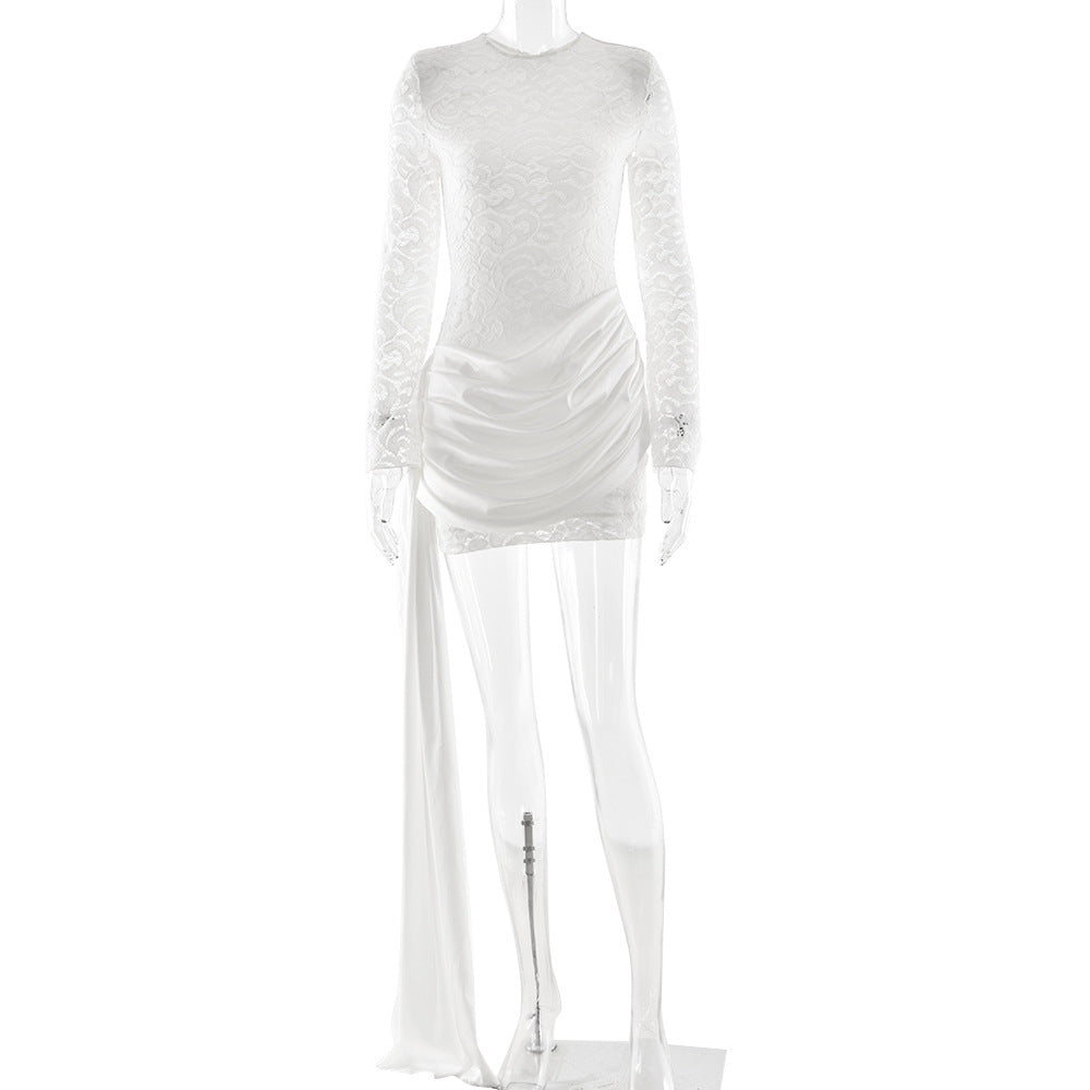 Crewneck long sleeve irregular ruched lace mini dress  | Festival Outfits Women