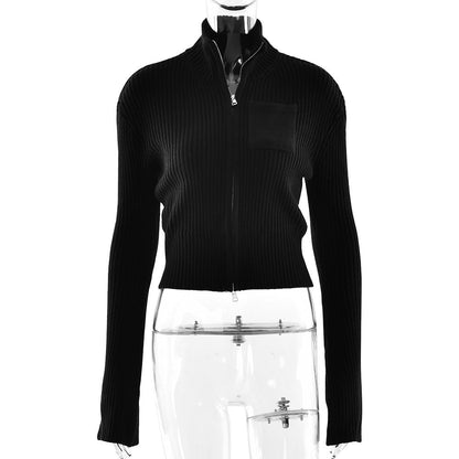 Long sleeve zip-up high neck solid top  | Festival Outfits Women