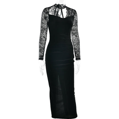 Lace long sleeve hollow out self tie slit midi dress  | Festival Outfits Women
