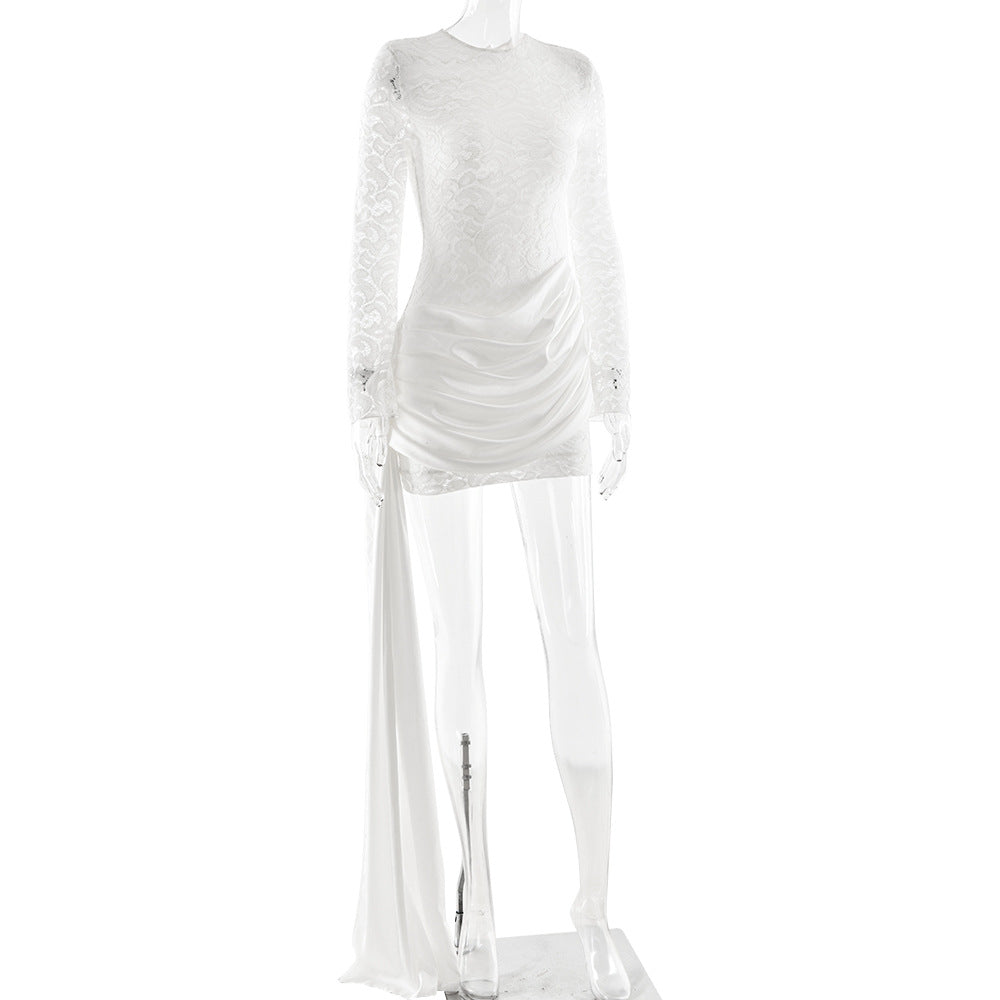 Crewneck long sleeve irregular ruched lace mini dress  | Festival Outfits Women