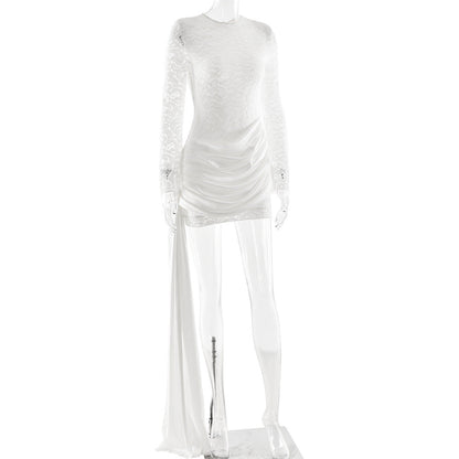 Crewneck long sleeve irregular ruched lace mini dress  | Festival Outfits Women