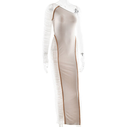 Irregular long sleeve ruched mesh mini dress  | Festival Outfits Women