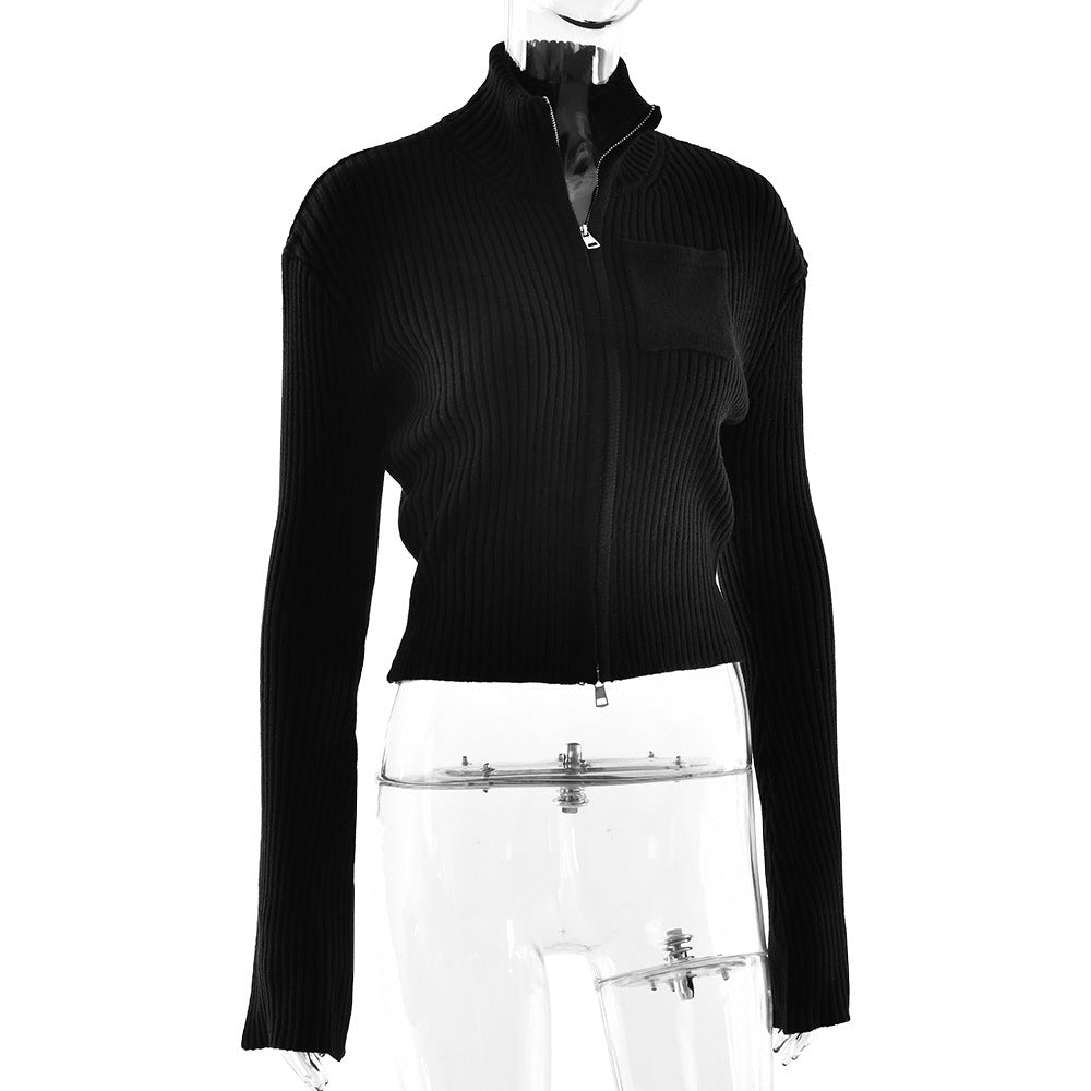 Long sleeve zip-up high neck solid top  | Festival Outfits Women