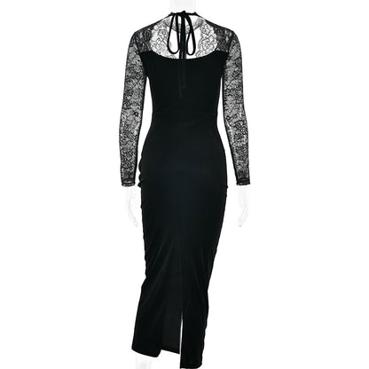 Lace long sleeve hollow out self tie slit midi dress  | Festival Outfits Women