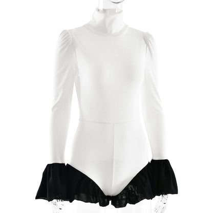 High neck long flared sleeve zip-up contrast romper  | Festival Outfits Women