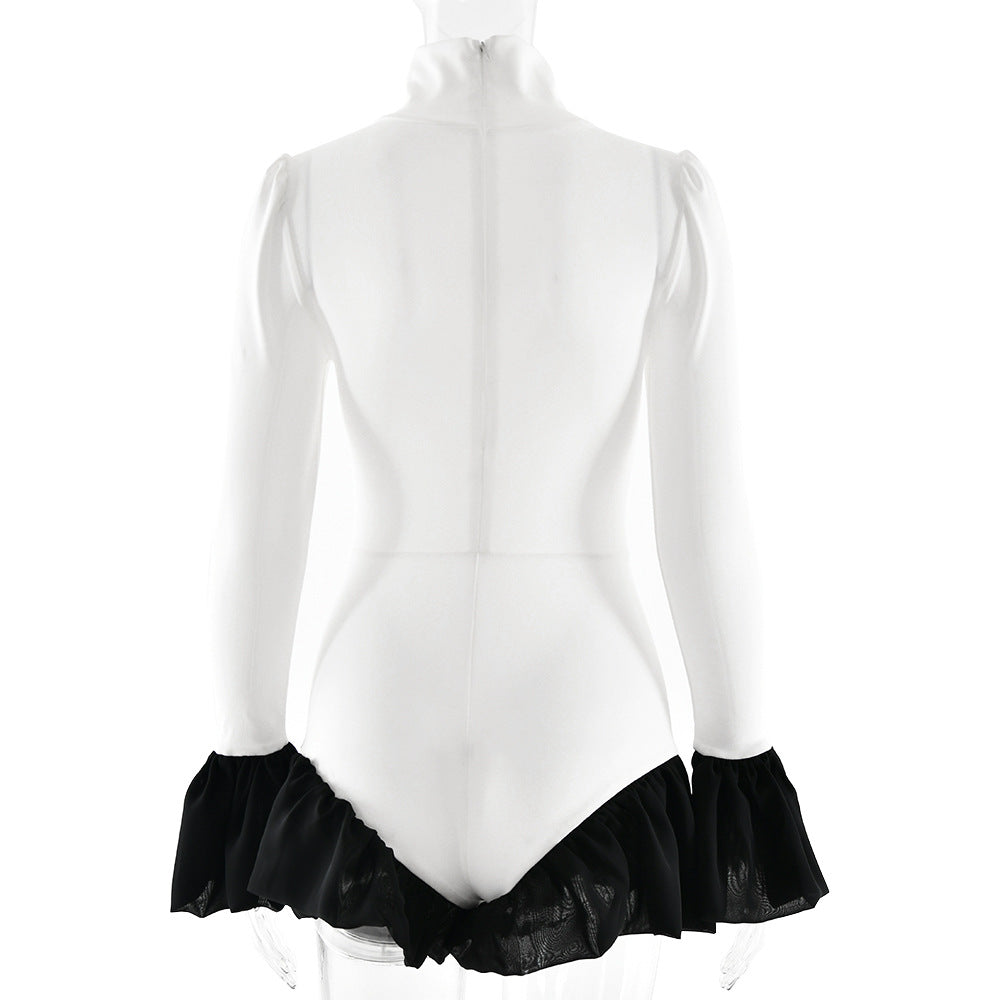 High neck long flared sleeve zip-up contrast romper  | Festival Outfits Women