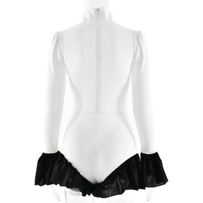 High neck long flared sleeve zip-up contrast romper  | Festival Outfits Women
