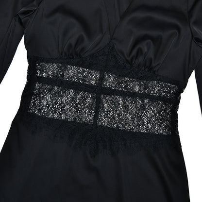 Long sleeve v neck lace satin zip-up maxi dress  | Festival Outfits Women