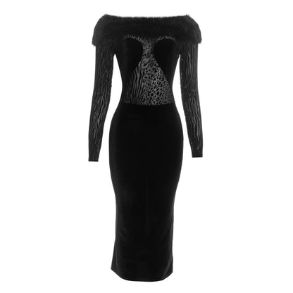 Long sleeve fluffy off shoulder slit midi dress  | Festival Outfits Women