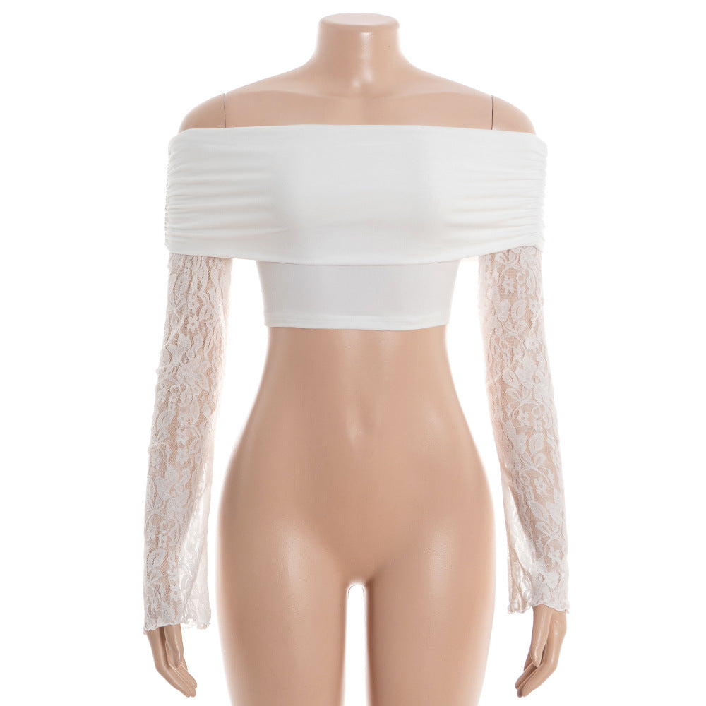 Off shoulder long sleeve lace solid crop top  | Festival Outfits Women