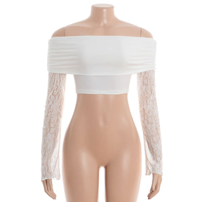 Off shoulder long sleeve lace solid crop top  | Festival Outfits Women