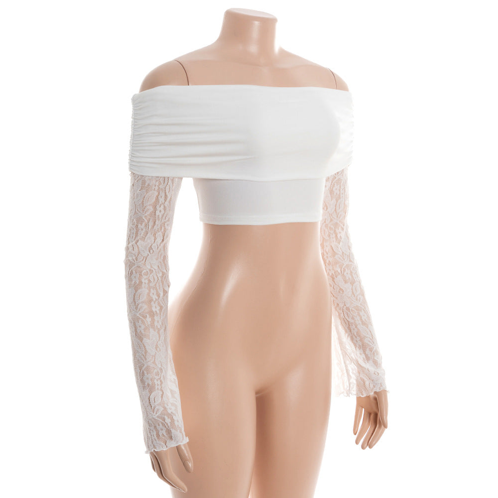 Off shoulder long sleeve lace solid crop top  | Festival Outfits Women