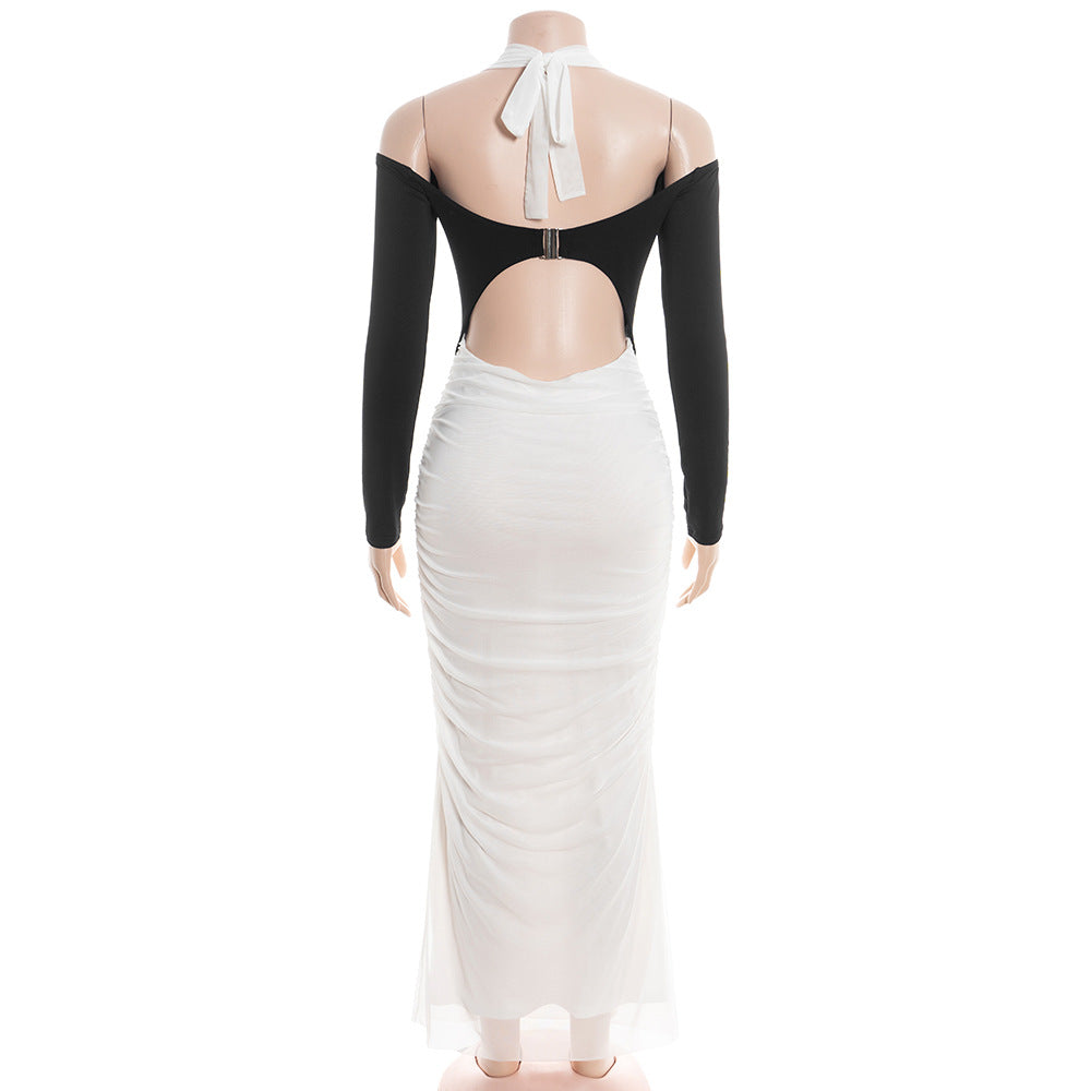 Ruched long sleeve halter self tie maxi dress  | Festival Outfits Women