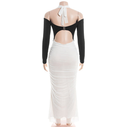 Ruched long sleeve halter self tie maxi dress  | Festival Outfits Women