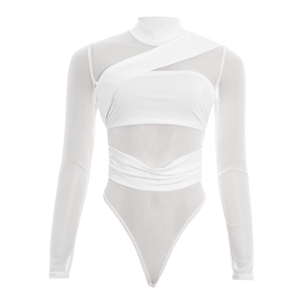 Long sleeve high neck mesh button bodysuit  | Festival Outfits Women