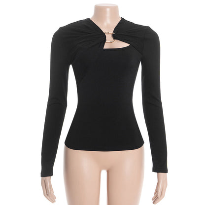 Ribbed long sleeve hollow out irregular top  | Festival Outfits Women