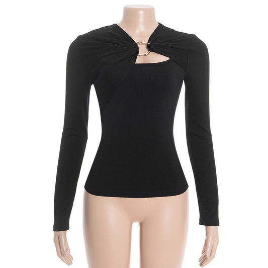 Ribbed long sleeve hollow out irregular top  | Festival Outfits Women
