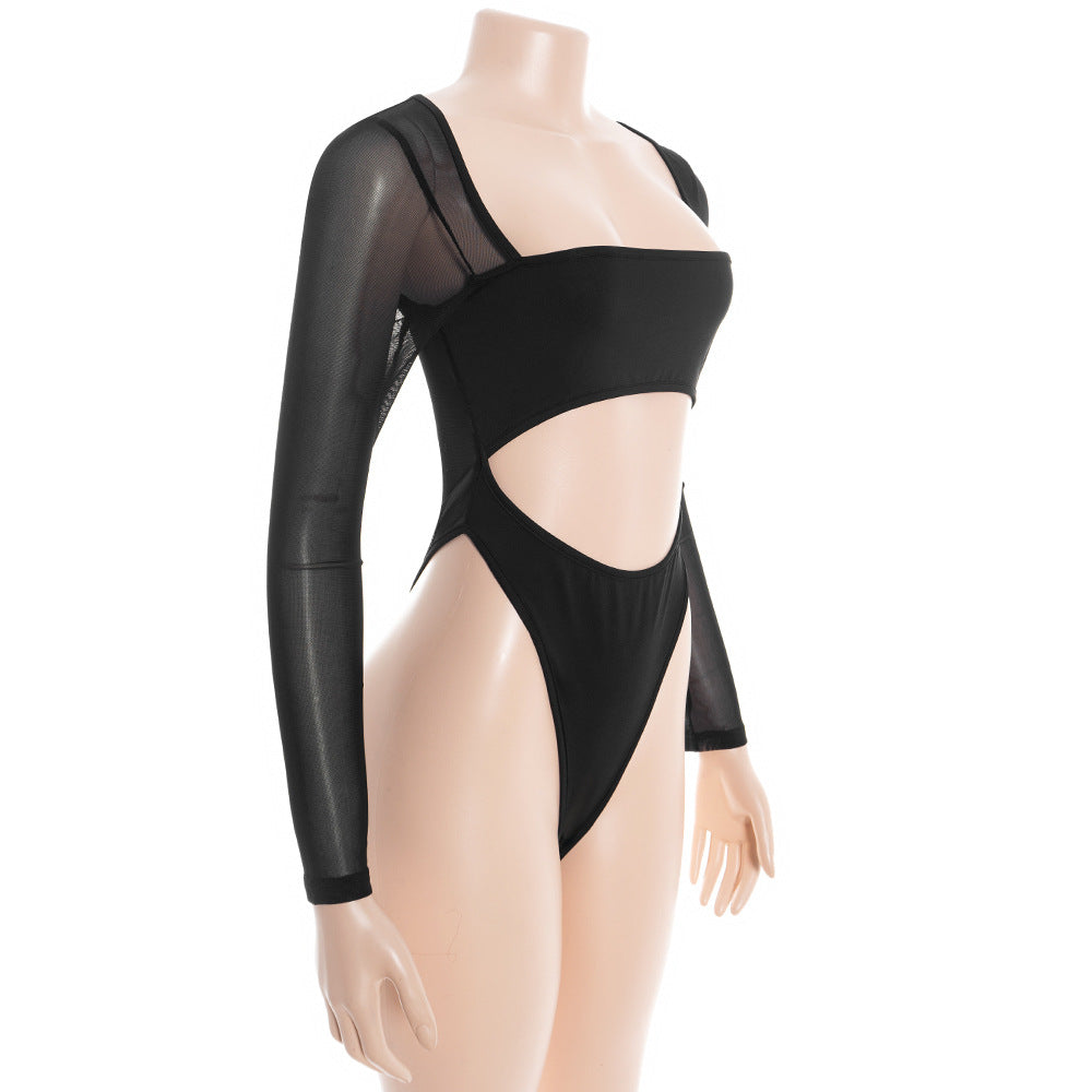 Mesh long sleeve button square neck hollow out bodysuit  | Festival Outfits Women