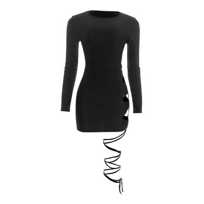 Long sleeve hollow out self tie crewneck mini dress  | Festival Outfits Women