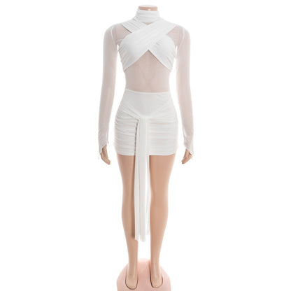 High neck button long sleeve mesh ruched mini dress  | Festival Outfits Women