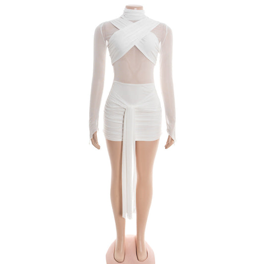 High neck button long sleeve mesh ruched mini dress  | Festival Outfits Women