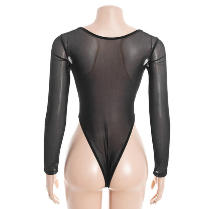 Mesh long sleeve button square neck hollow out bodysuit  | Festival Outfits Women